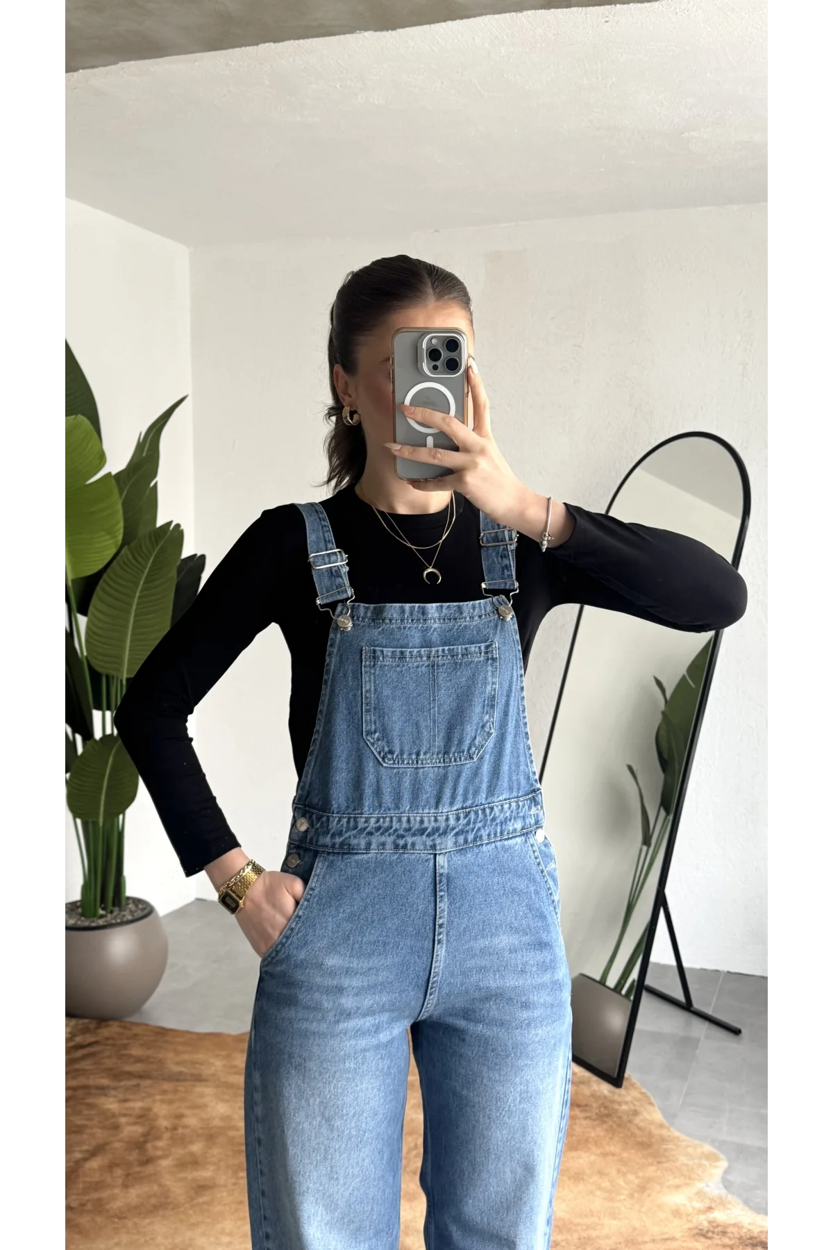 Kadın Mavi Yıkamalı Jean Tulum Askılı Denim Salopet Pantolon Günlük Rahat Şık Tulum