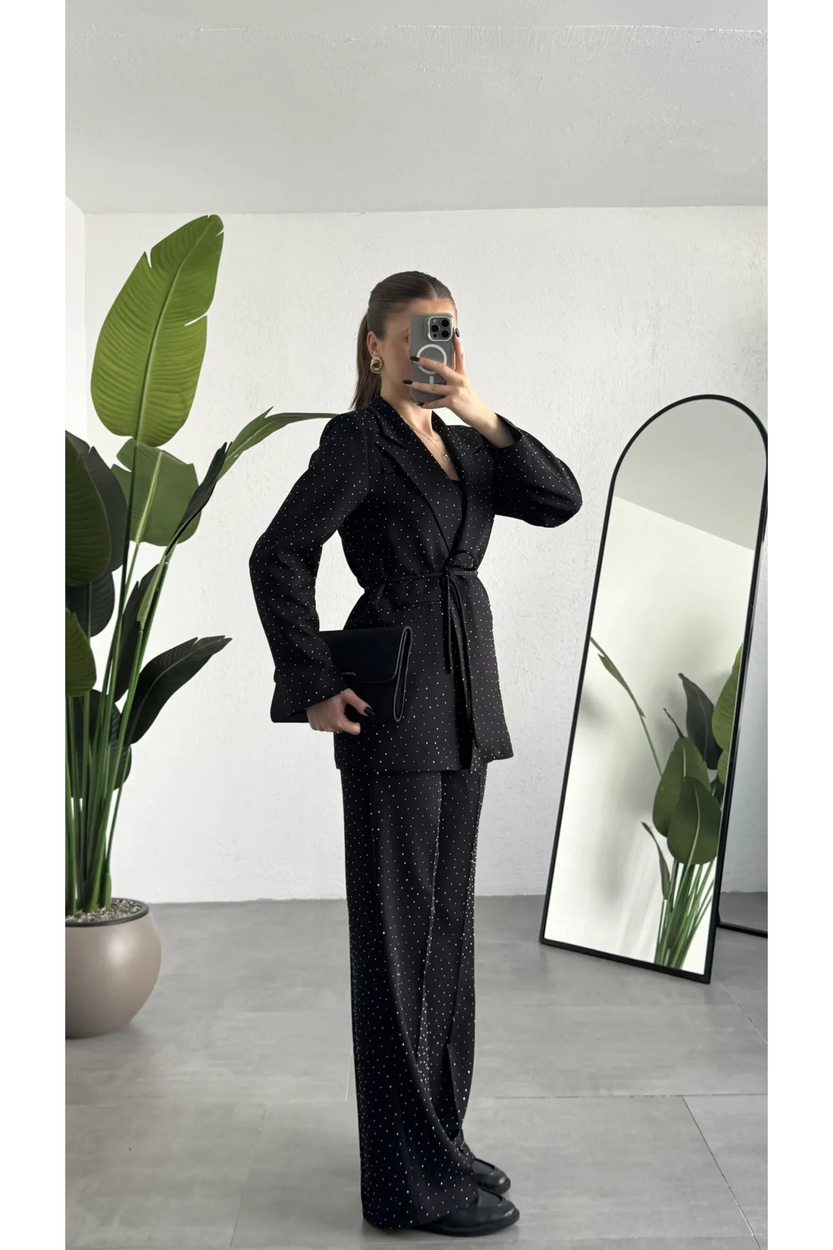 Kadın Siyah Pırıltılı Taşlı Takım Kadın Blazer Ceket Pantolon Takım Şık Ofis Kombin