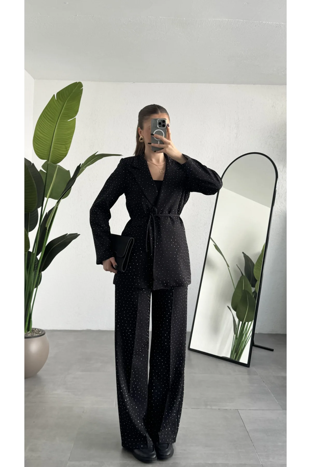 Kadın Siyah Pırıltılı Taşlı Takım Kadın Blazer Ceket Pantolon Takım Şık Ofis Kombin