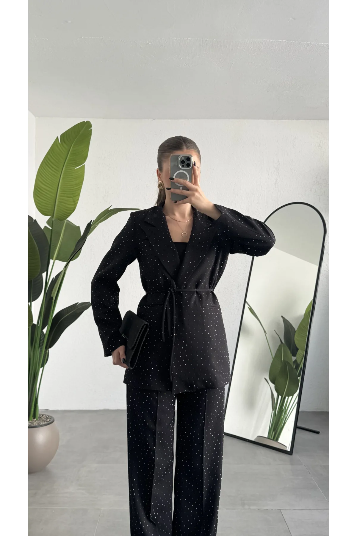 Kadın Siyah Pırıltılı Taşlı Takım Kadın Blazer Ceket Pantolon Takım Şık Ofis Kombin