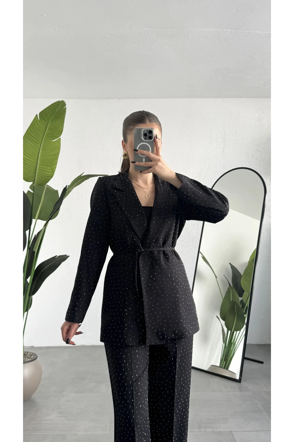 Kadın Siyah Pırıltılı Taşlı Takım Kadın Blazer Ceket Pantolon Takım Şık Ofis Kombin