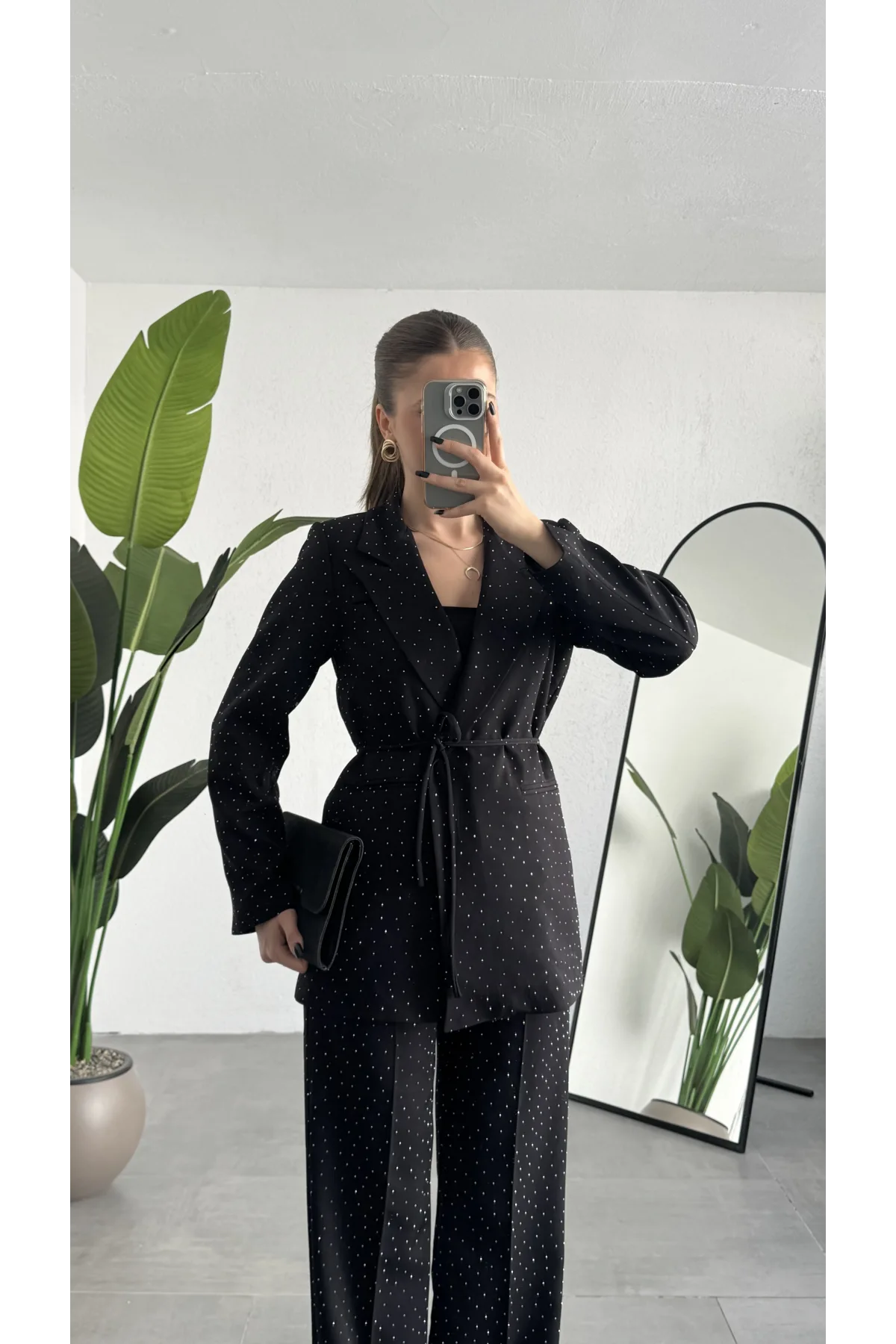 Kadın Siyah Pırıltılı Taşlı Takım Kadın Blazer Ceket Pantolon Takım Şık Ofis Kombin