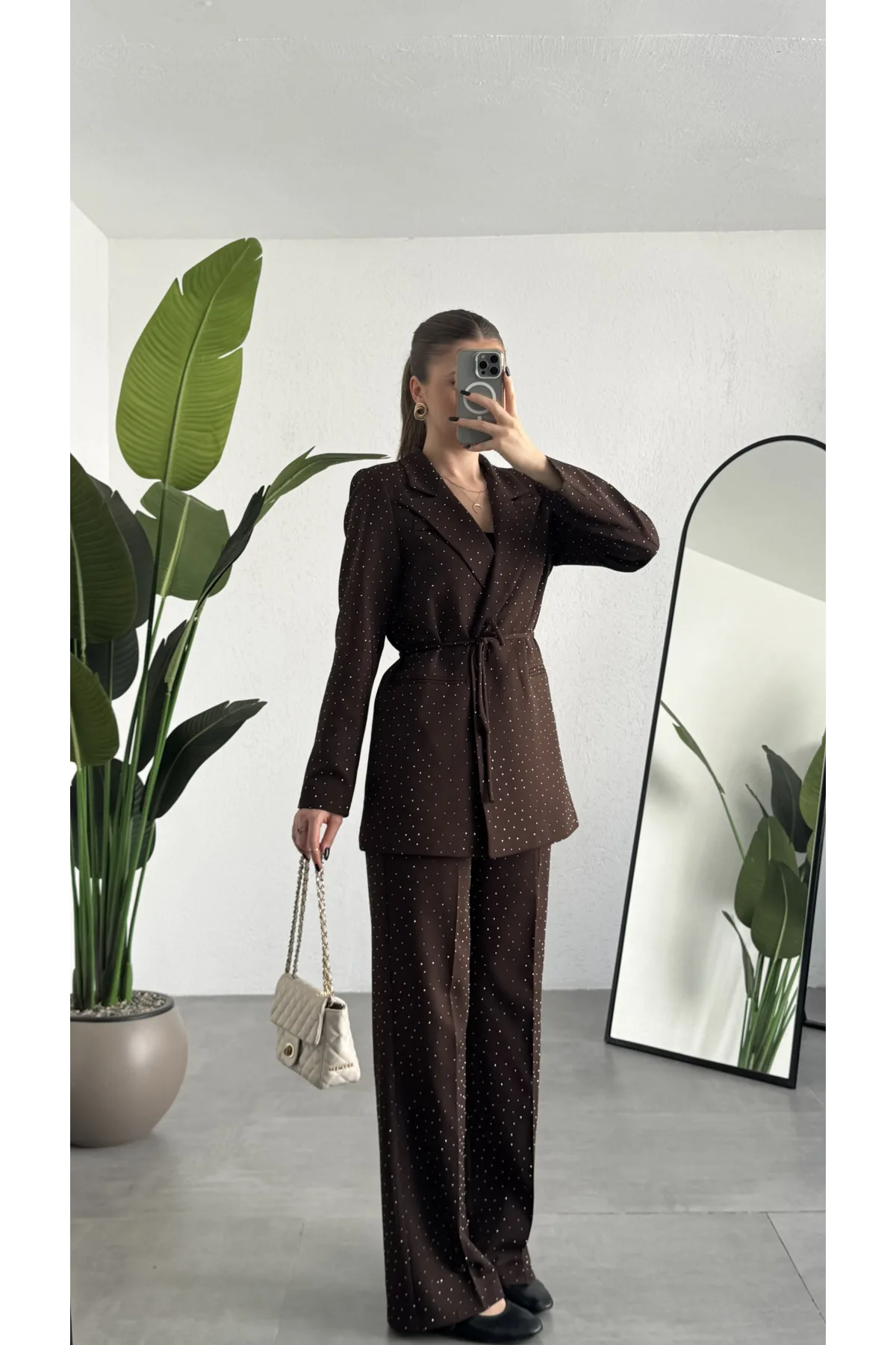 Kadın Kahverengi Pırıltılı Taşlı Takım Kadın Blazer Ceket Pantolon Takım Şık Ofis Kombin