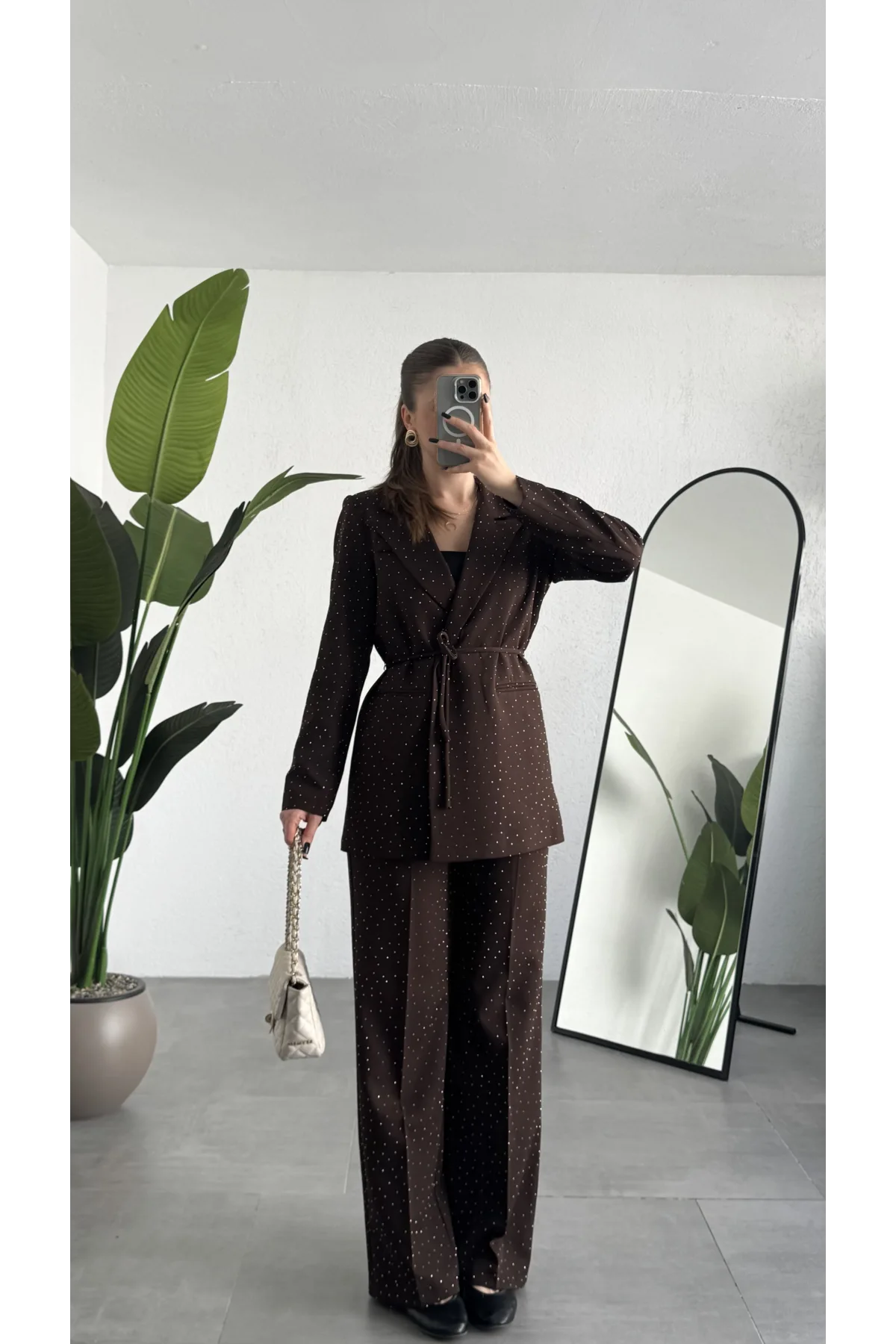 Kadın Kahverengi Pırıltılı Taşlı Takım Kadın Blazer Ceket Pantolon Takım Şık Ofis Kombin