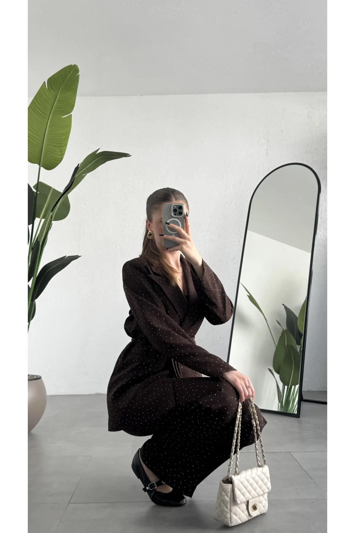 Kadın Kahverengi Pırıltılı Taşlı Takım Kadın Blazer Ceket Pantolon Takım Şık Ofis Kombin