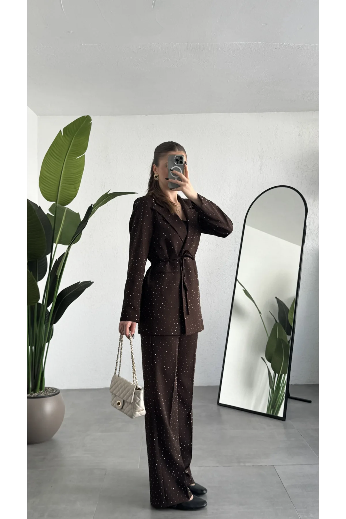 Kadın Kahverengi Pırıltılı Taşlı Takım Kadın Blazer Ceket Pantolon Takım Şık Ofis Kombin