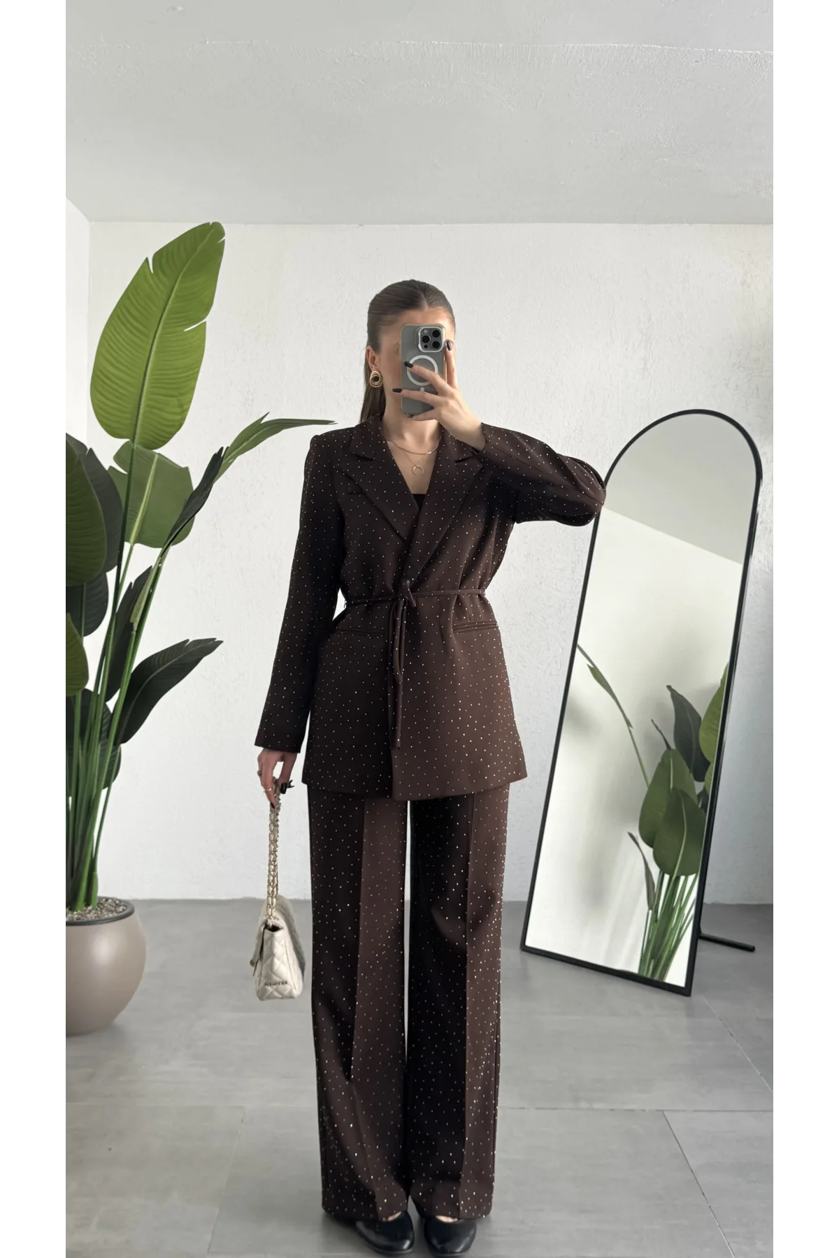 Kadın Kahverengi Pırıltılı Taşlı Takım Kadın Blazer Ceket Pantolon Takım Şık Ofis Kombin