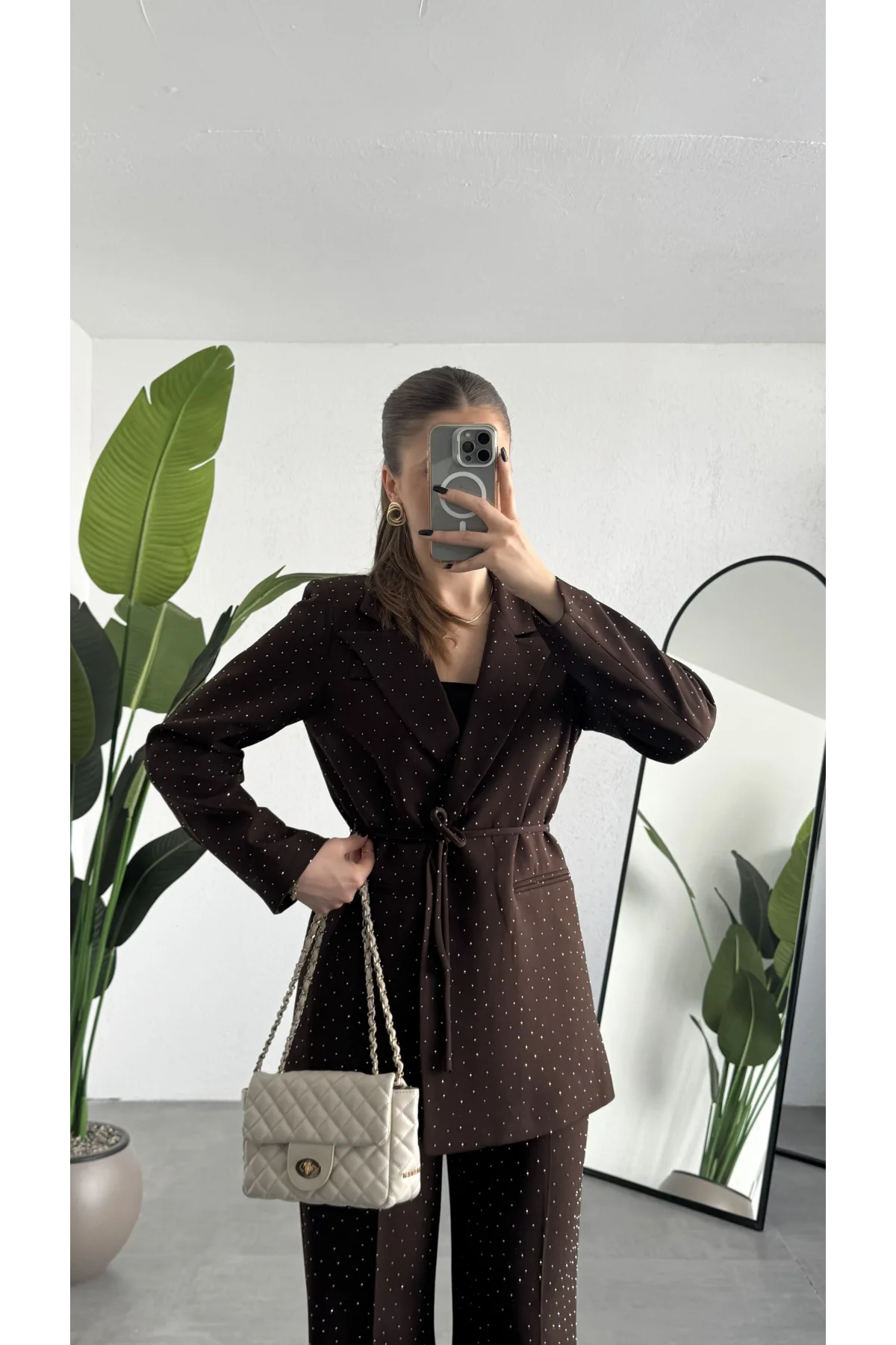 Kadın Kahverengi Pırıltılı Taşlı Takım Kadın Blazer Ceket Pantolon Takım Şık Ofis Kombin