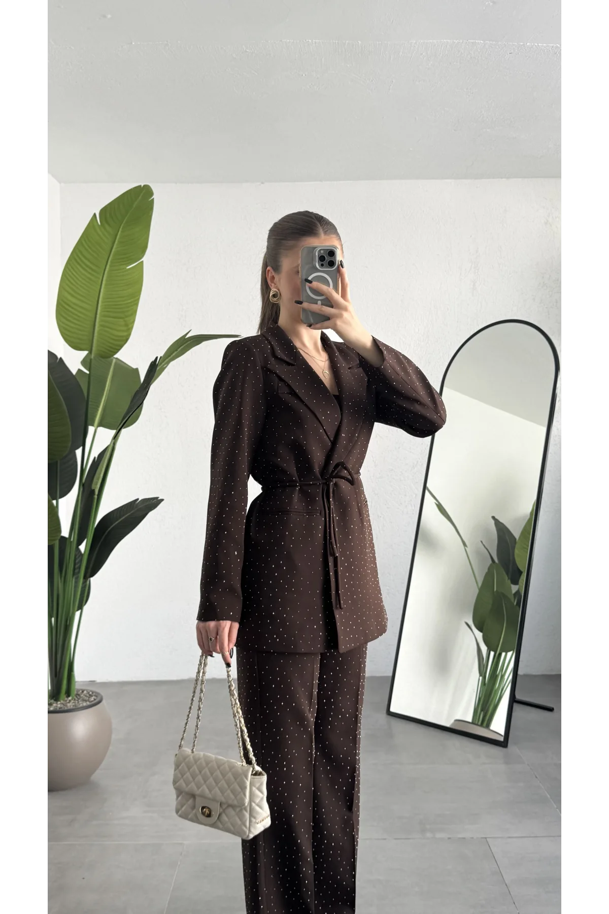 Kadın Kahverengi Pırıltılı Taşlı Takım Kadın Blazer Ceket Pantolon Takım Şık Ofis Kombin