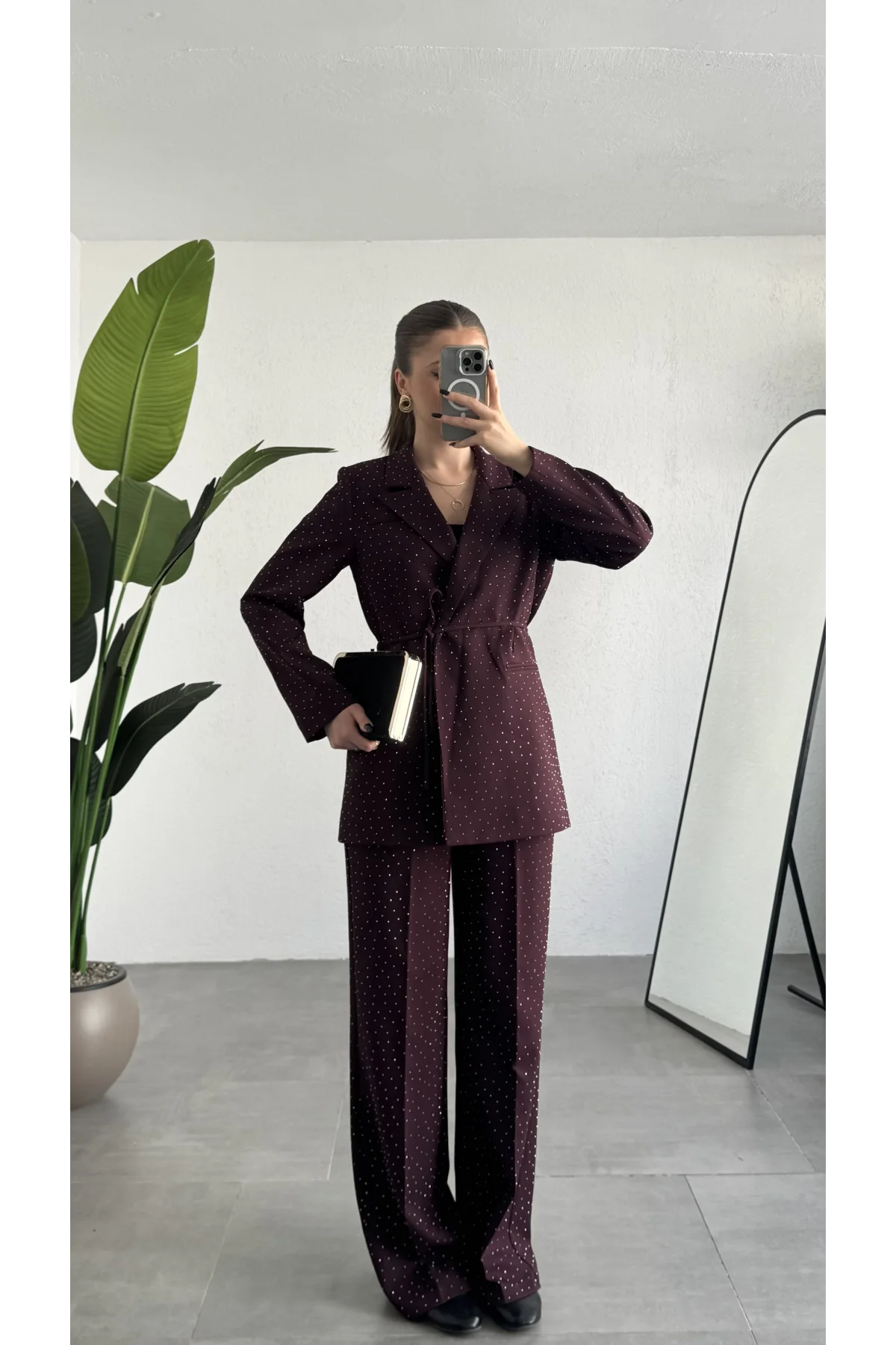 Kadın Bordo Pırıltılı Taşlı Takım Kadın Blazer Ceket Pantolon Takım Şık Ofis Kombin