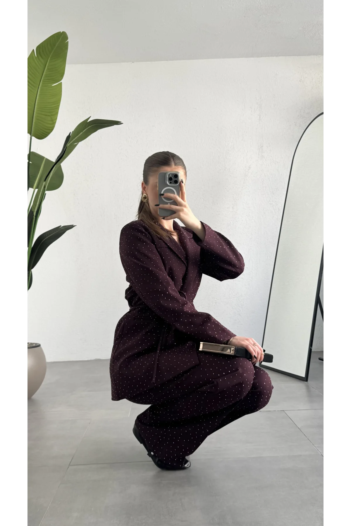 Kadın Bordo Pırıltılı Taşlı Takım Kadın Blazer Ceket Pantolon Takım Şık Ofis Kombin