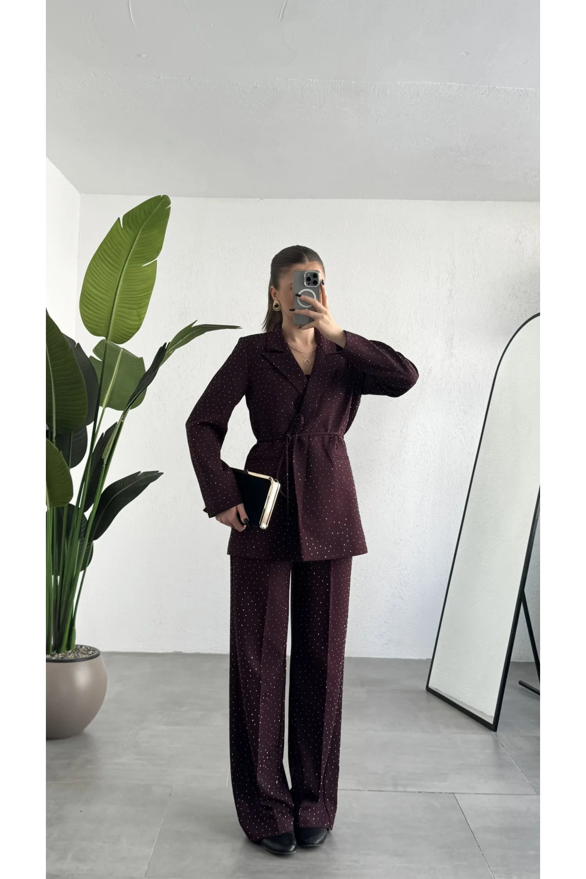 Kadın Bordo Pırıltılı Taşlı Takım Kadın Blazer Ceket Pantolon Takım Şık Ofis Kombin