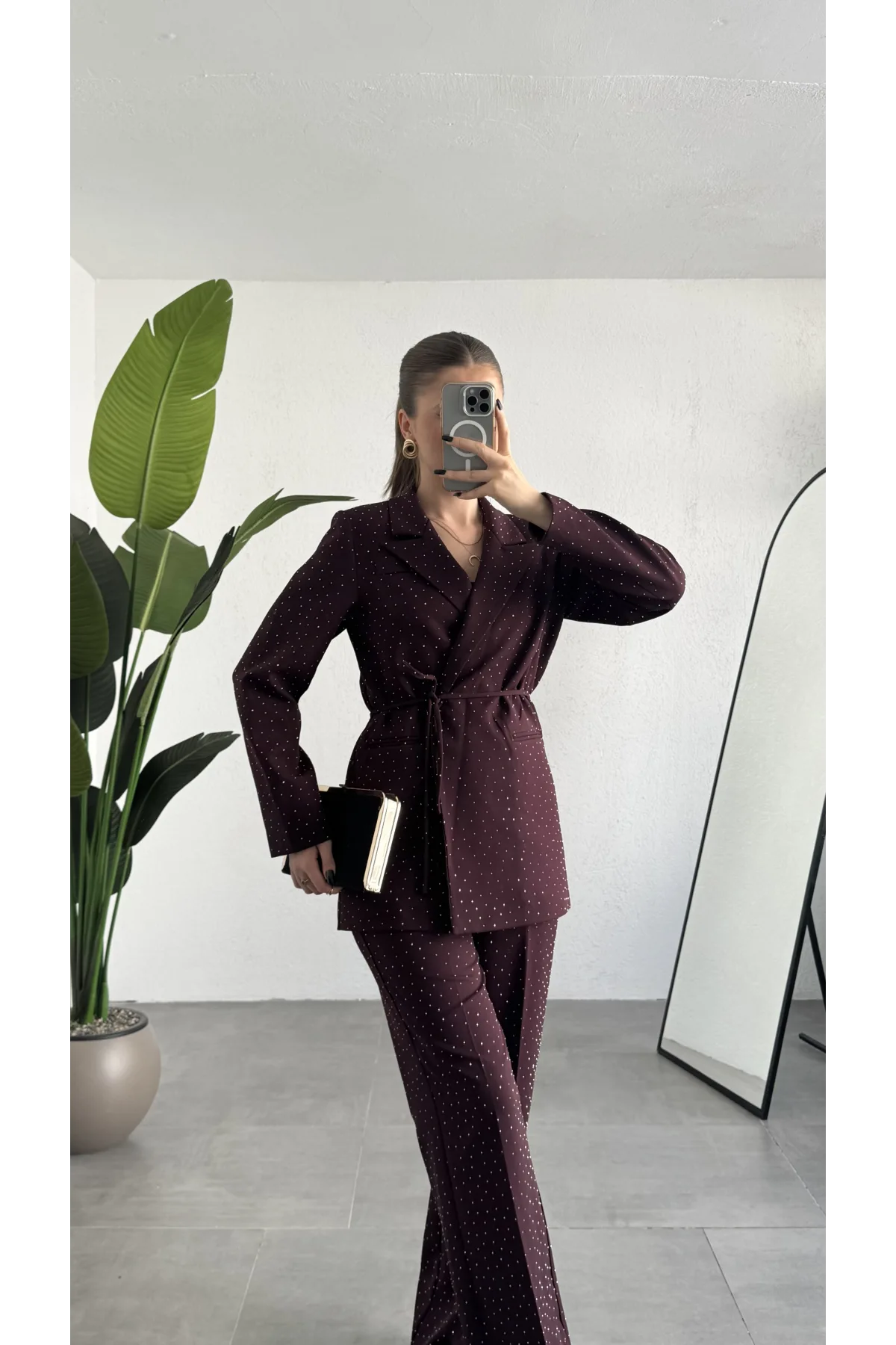 Kadın Bordo Pırıltılı Taşlı Takım Kadın Blazer Ceket Pantolon Takım Şık Ofis Kombin