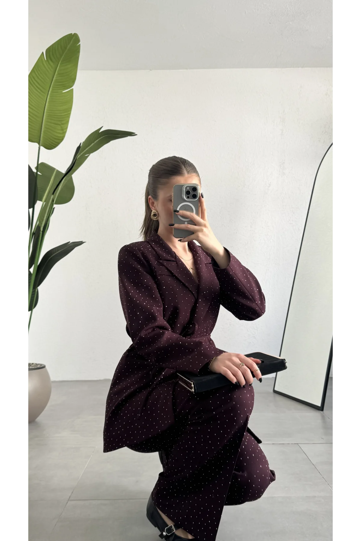 Kadın Bordo Pırıltılı Taşlı Takım Kadın Blazer Ceket Pantolon Takım Şık Ofis Kombin