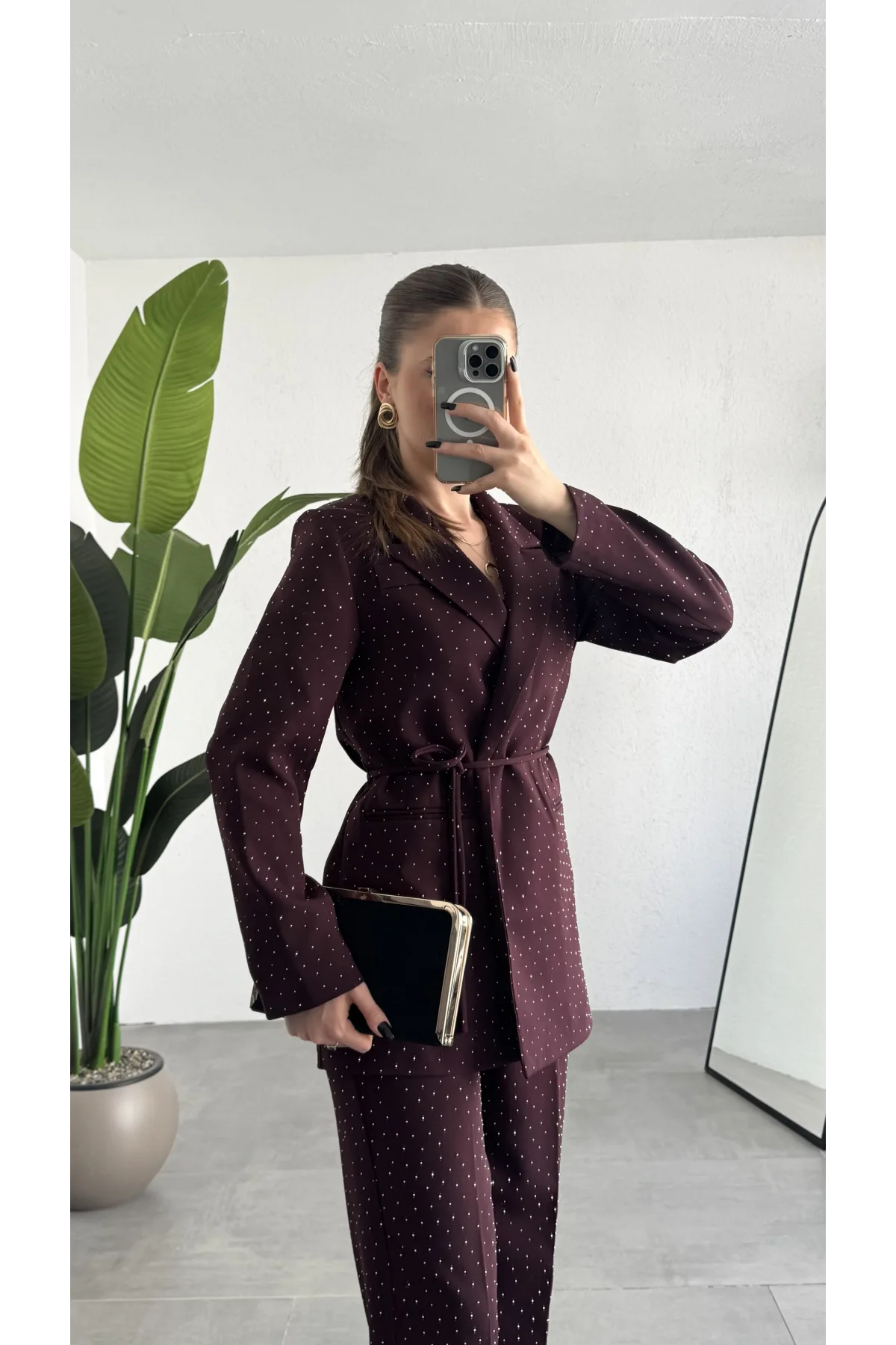 Kadın Bordo Pırıltılı Taşlı Takım Kadın Blazer Ceket Pantolon Takım Şık Ofis Kombin