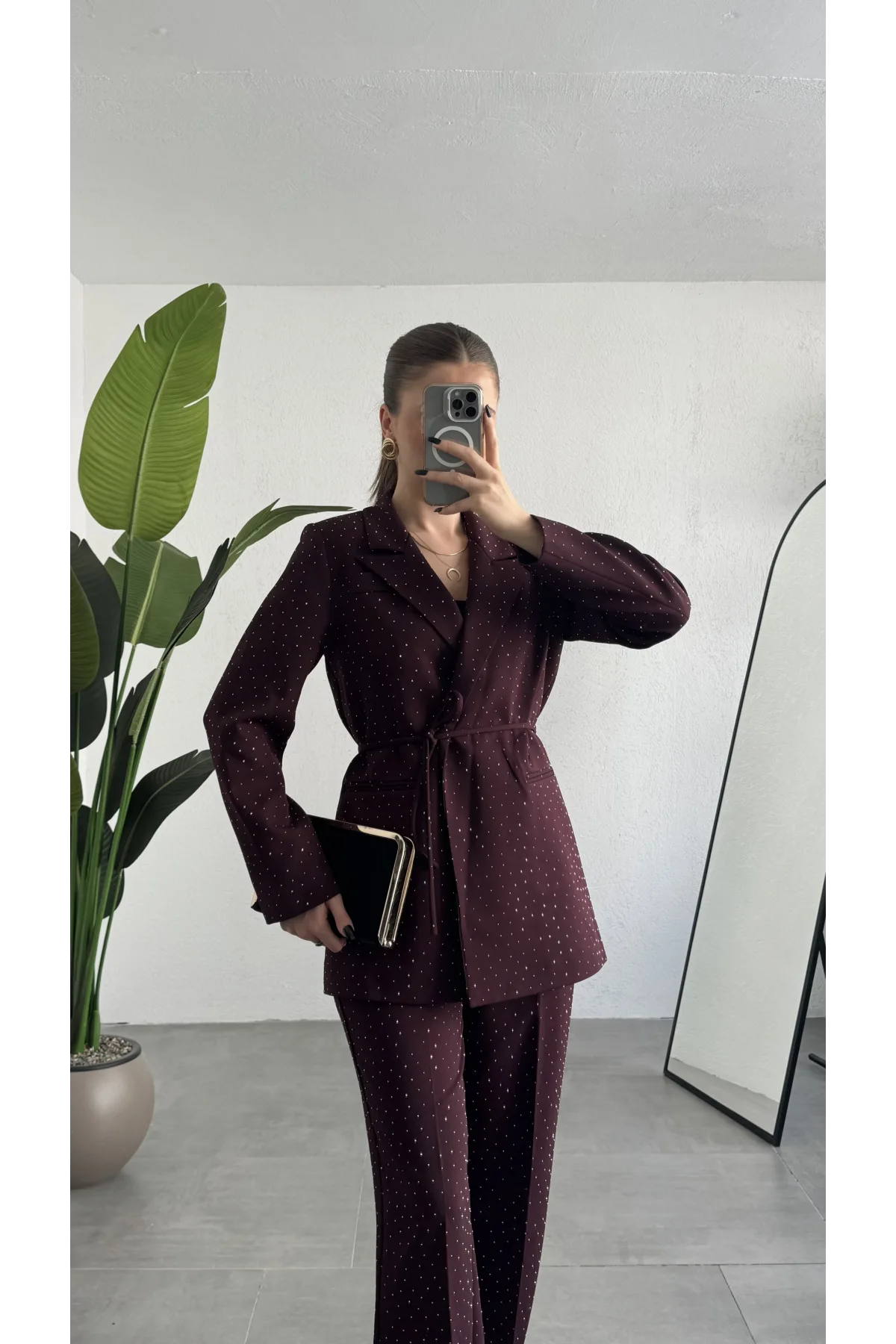 Kadın Bordo Pırıltılı Taşlı Takım Kadın Blazer Ceket Pantolon Takım Şık Ofis Kombin