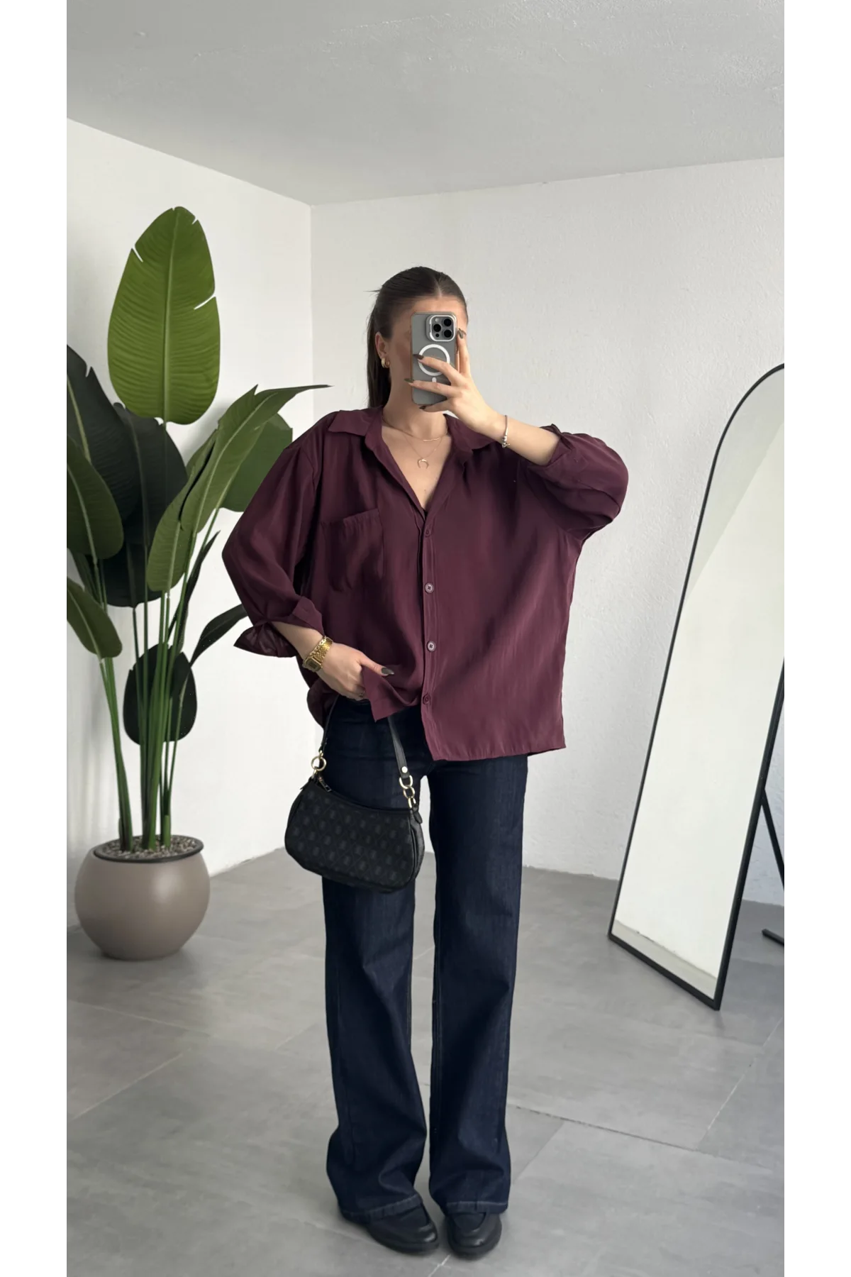 Kadın Bordo Oversize Gömlek Cepli Uzun Kollu Düğmeli Salaş Kesim Günlük & Ofis Şık