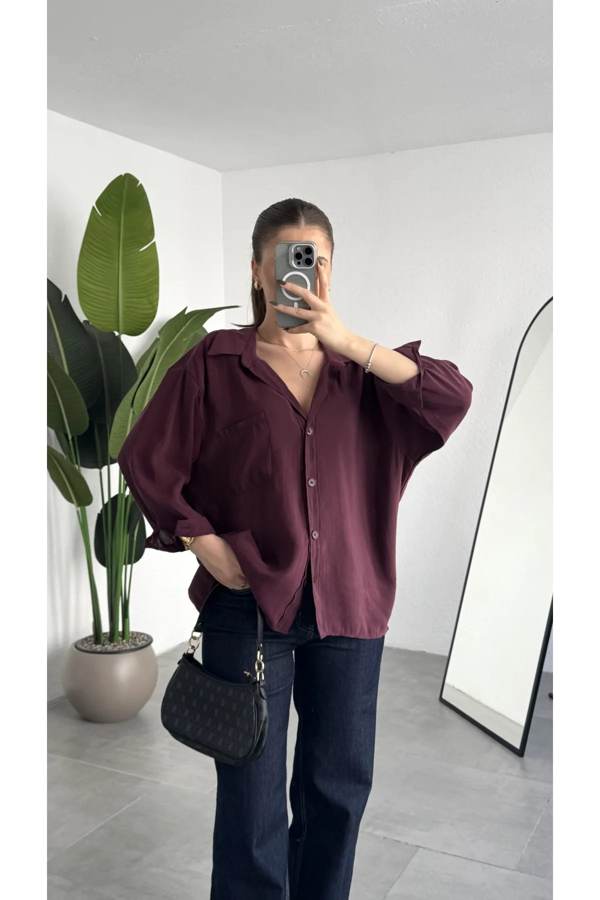 Kadın Bordo Oversize Gömlek Cepli Uzun Kollu Düğmeli Salaş Kesim Günlük & Ofis Şık