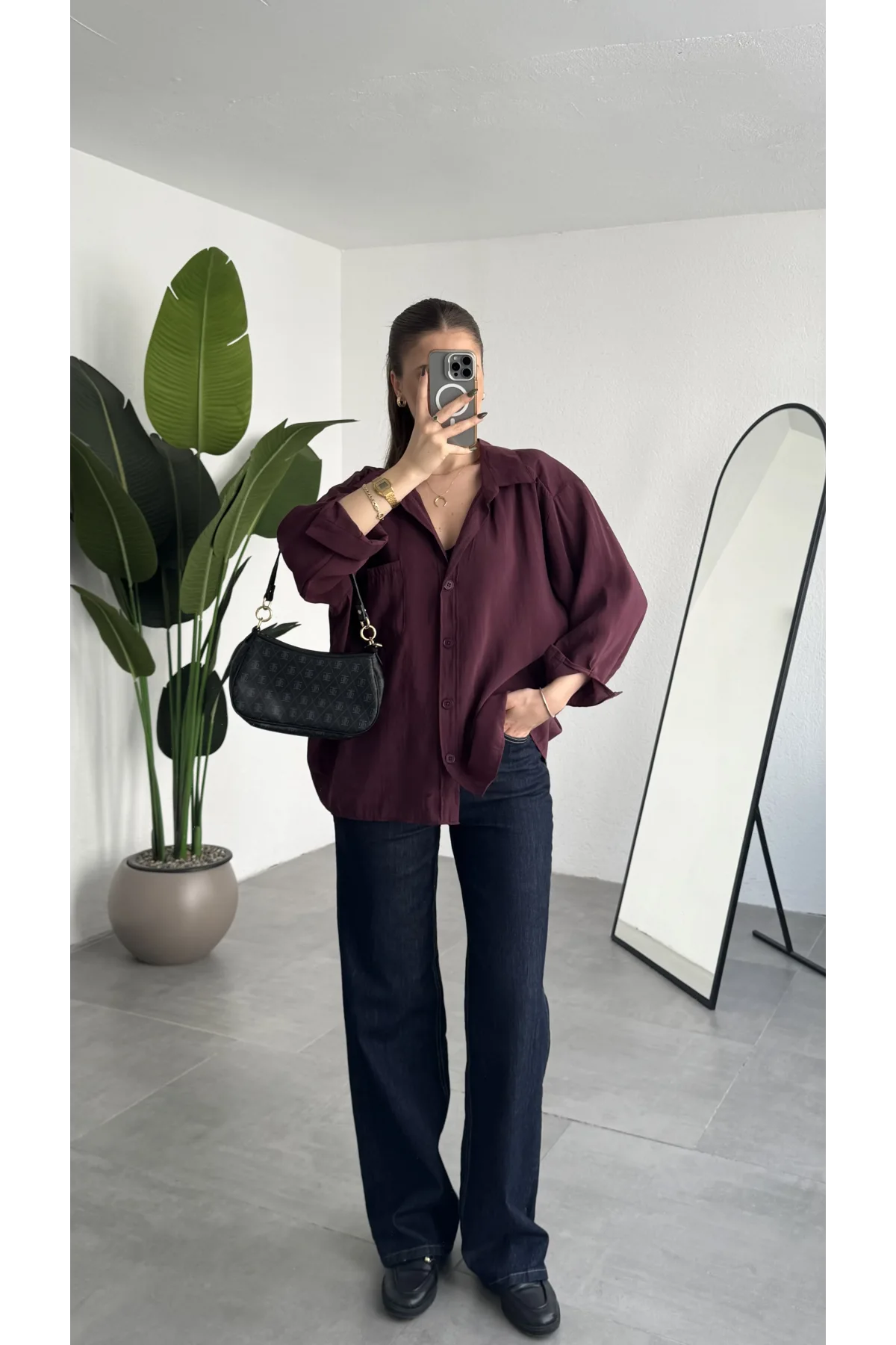 Kadın Bordo Oversize Gömlek Cepli Uzun Kollu Düğmeli Salaş Kesim Günlük & Ofis Şık