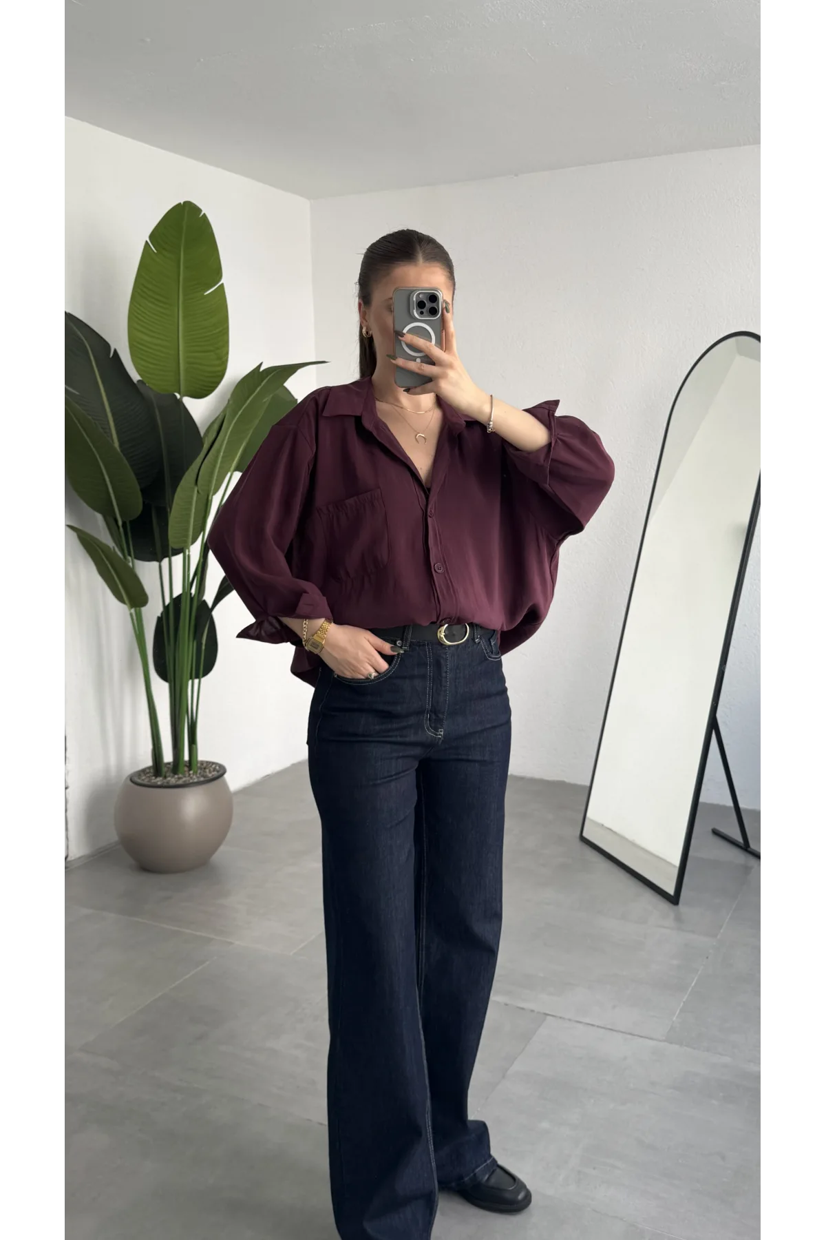 Kadın Bordo Oversize Gömlek Cepli Uzun Kollu Düğmeli Salaş Kesim Günlük & Ofis Şık