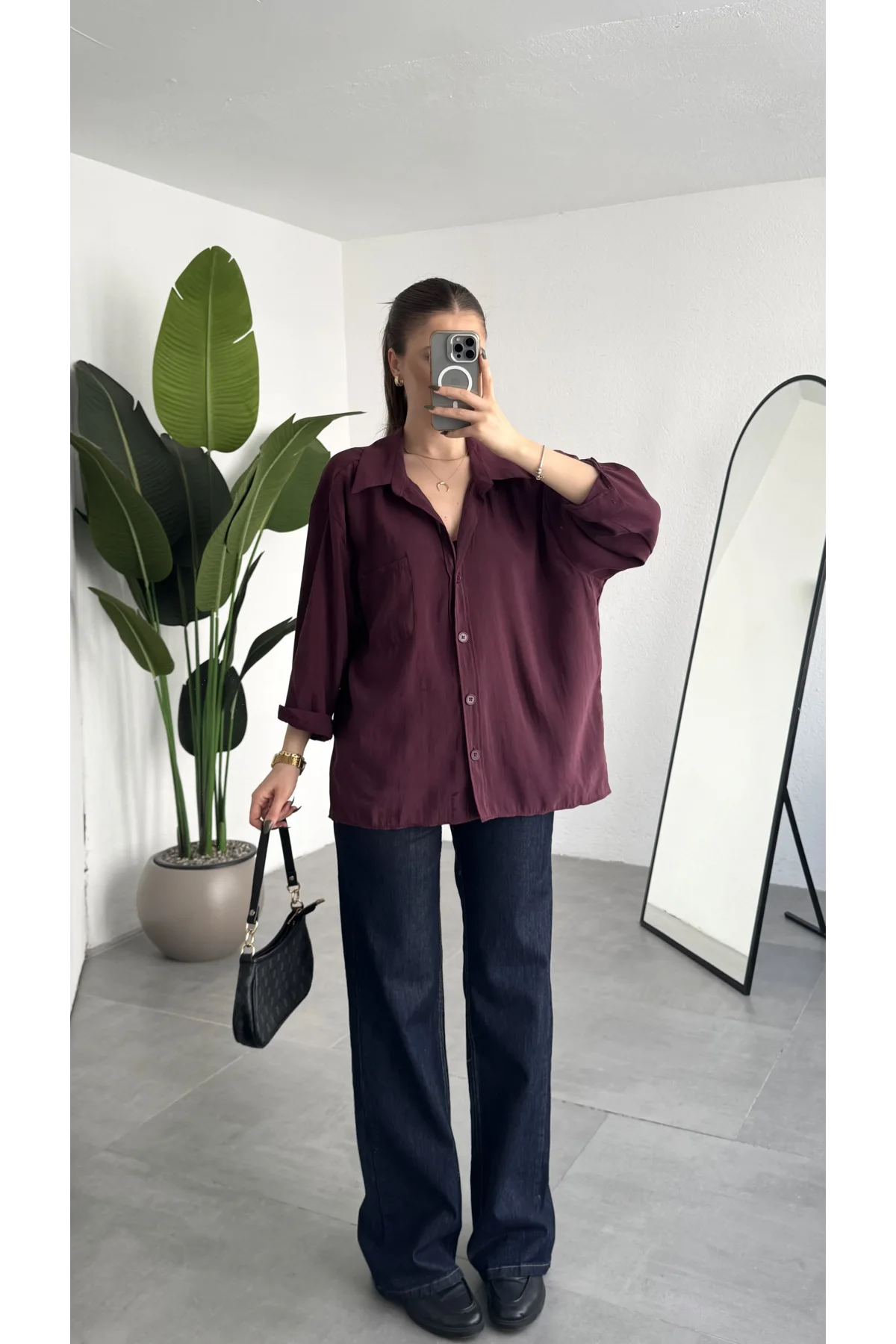 Kadın Bordo Oversize Gömlek Cepli Uzun Kollu Düğmeli Salaş Kesim Günlük & Ofis Şık