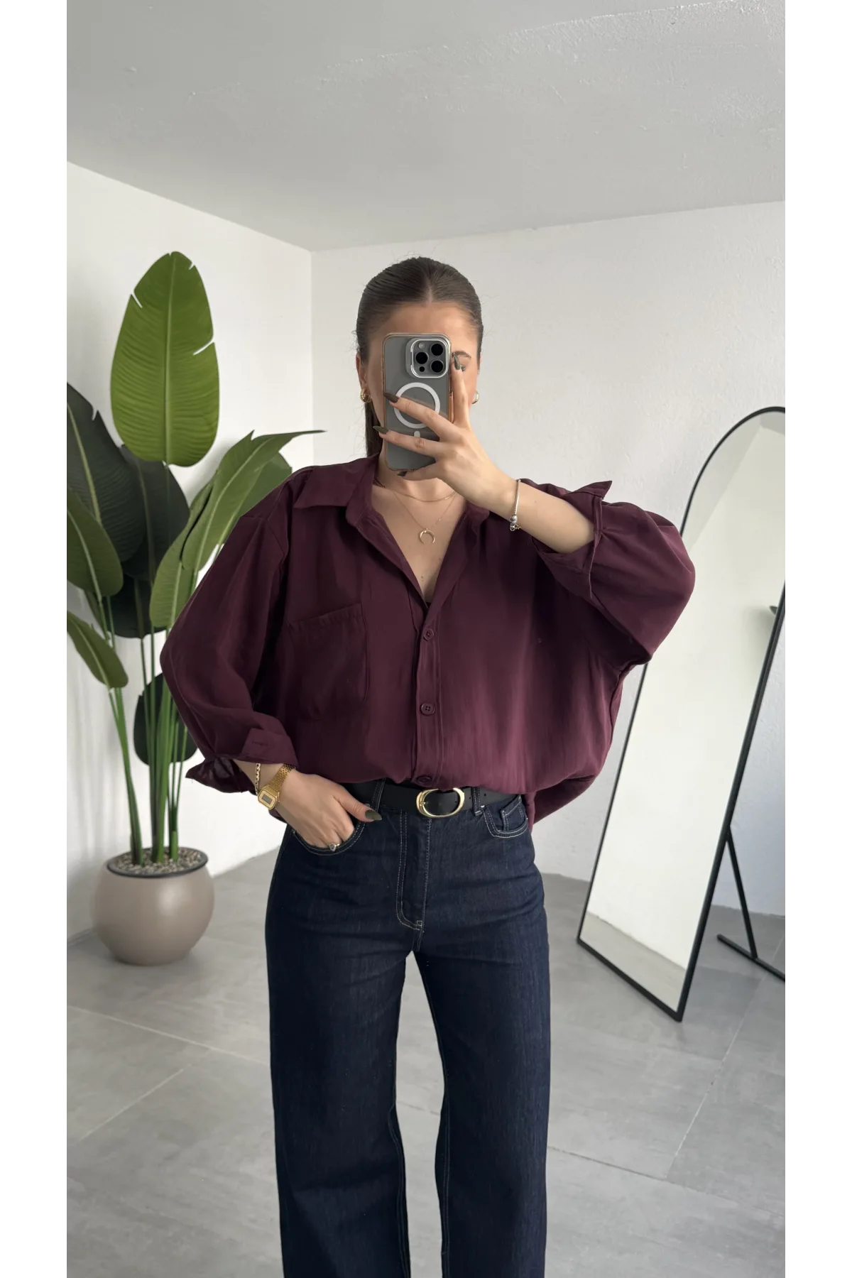 Kadın Bordo Oversize Gömlek Cepli Uzun Kollu Düğmeli Salaş Kesim Günlük & Ofis Şık