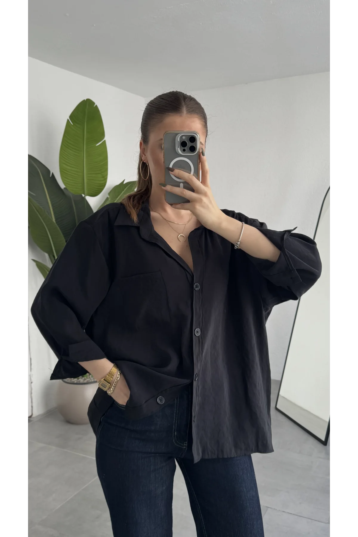 Kadın Siyah Oversize Gömlek Cepli Uzun Kollu Düğmeli Salaş Kesim Günlük & Ofis Şık