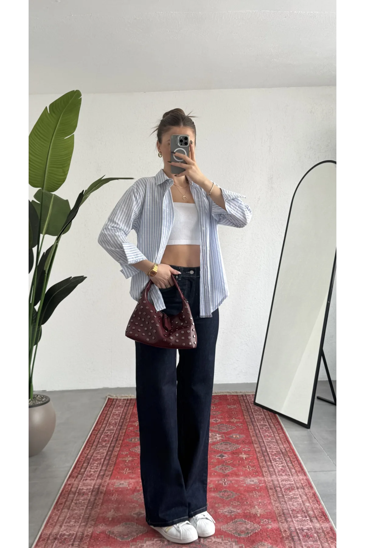 Kadın İnce Mavii Çizgili Oversize Bel Hızası Salaş Kesim Uzun Kollu Ofis Gömlek