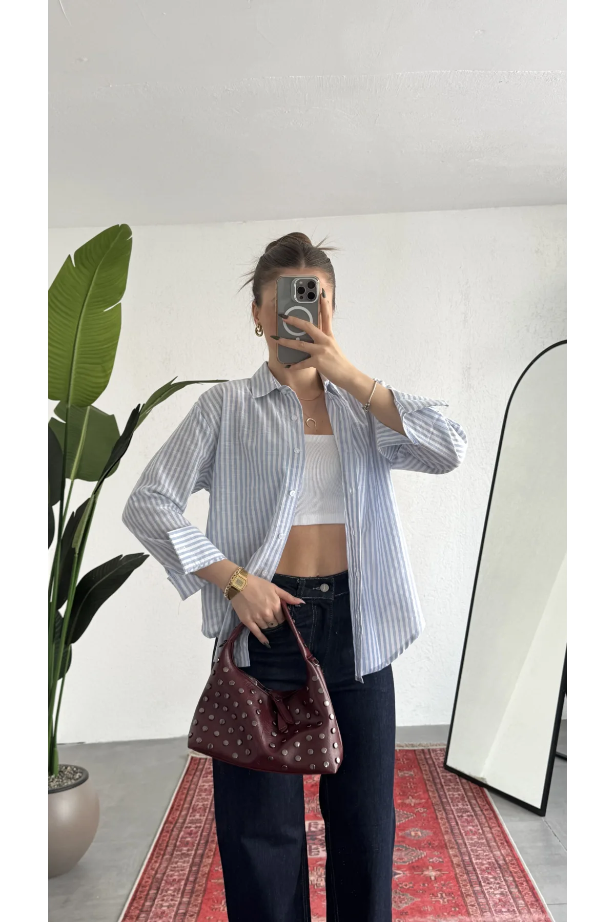 Kadın İnce Mavii Çizgili Oversize Bel Hızası Salaş Kesim Uzun Kollu Ofis Gömlek