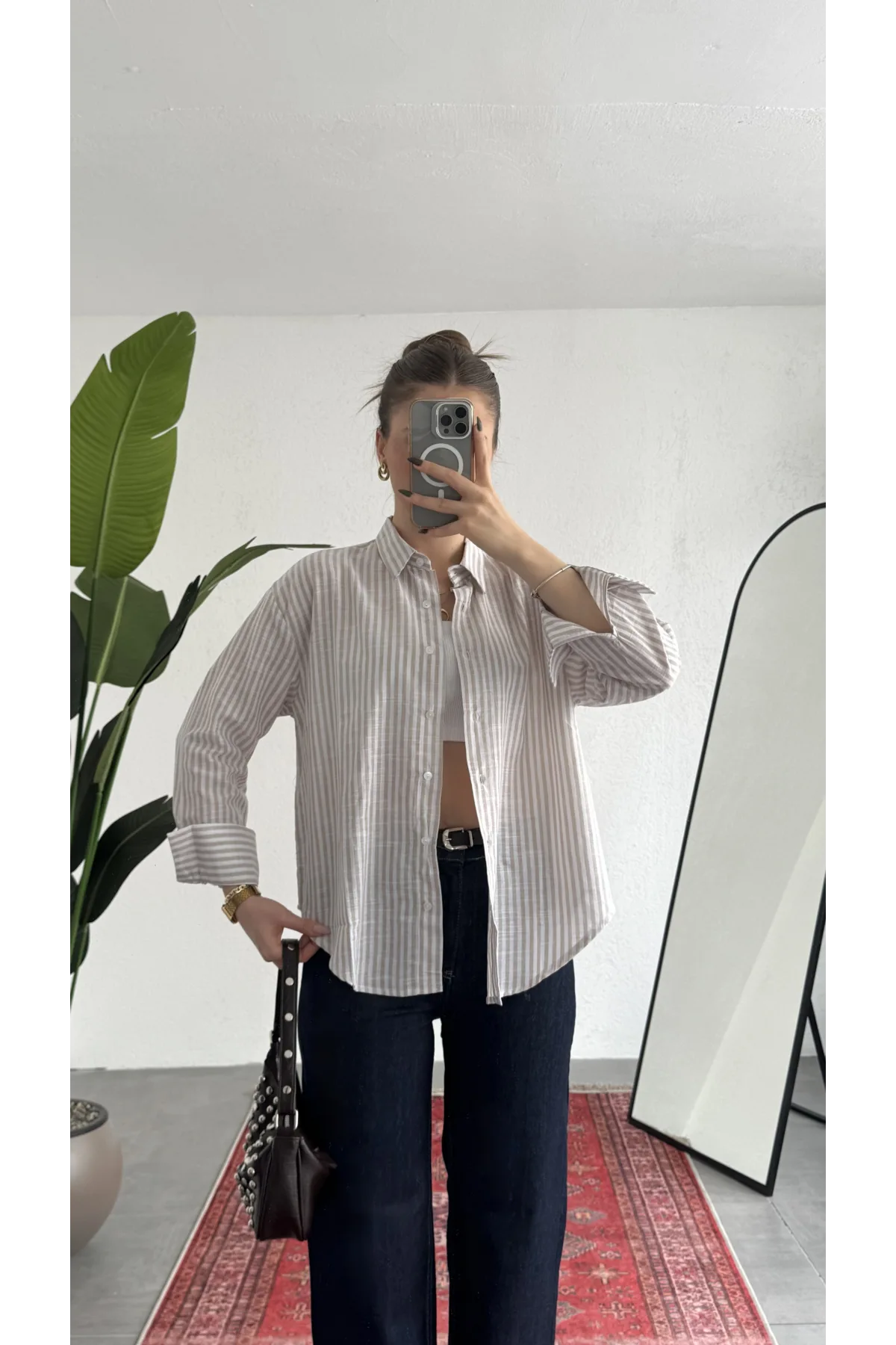 Kadın İnce Somon Çizgili Oversize Bel Hızası Salaş Kesim Uzun Kollu Ofis Gömlek