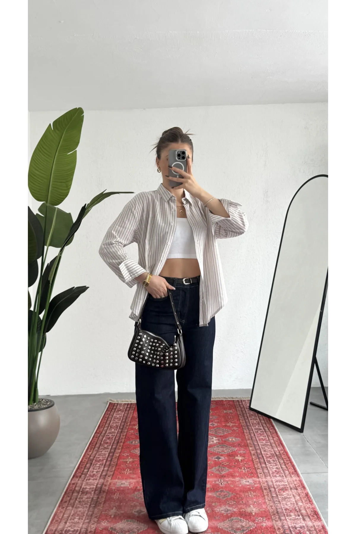 Kadın İnce Somon Çizgili Oversize Bel Hızası Salaş Kesim Uzun Kollu Ofis Gömlek