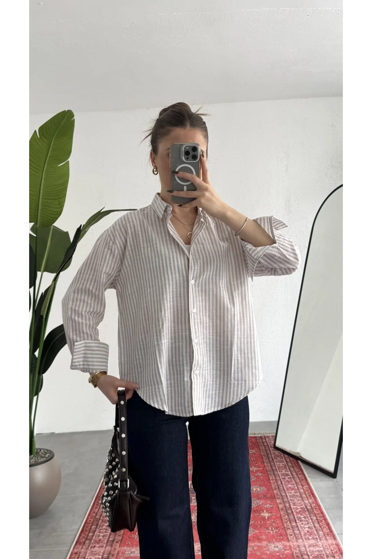 Kadın İnce Somon Çizgili Oversize Bel Hızası Salaş Kesim Uzun Kollu Ofis Gömlek