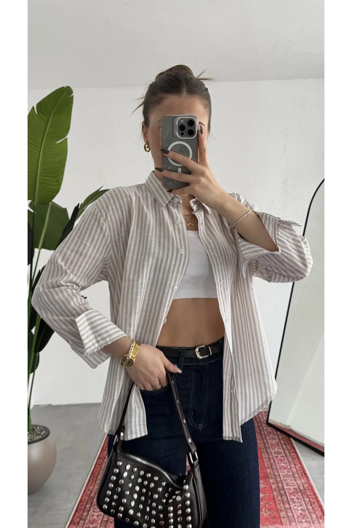 Kadın İnce Somon Çizgili Oversize Bel Hızası Salaş Kesim Uzun Kollu Ofis Gömlek