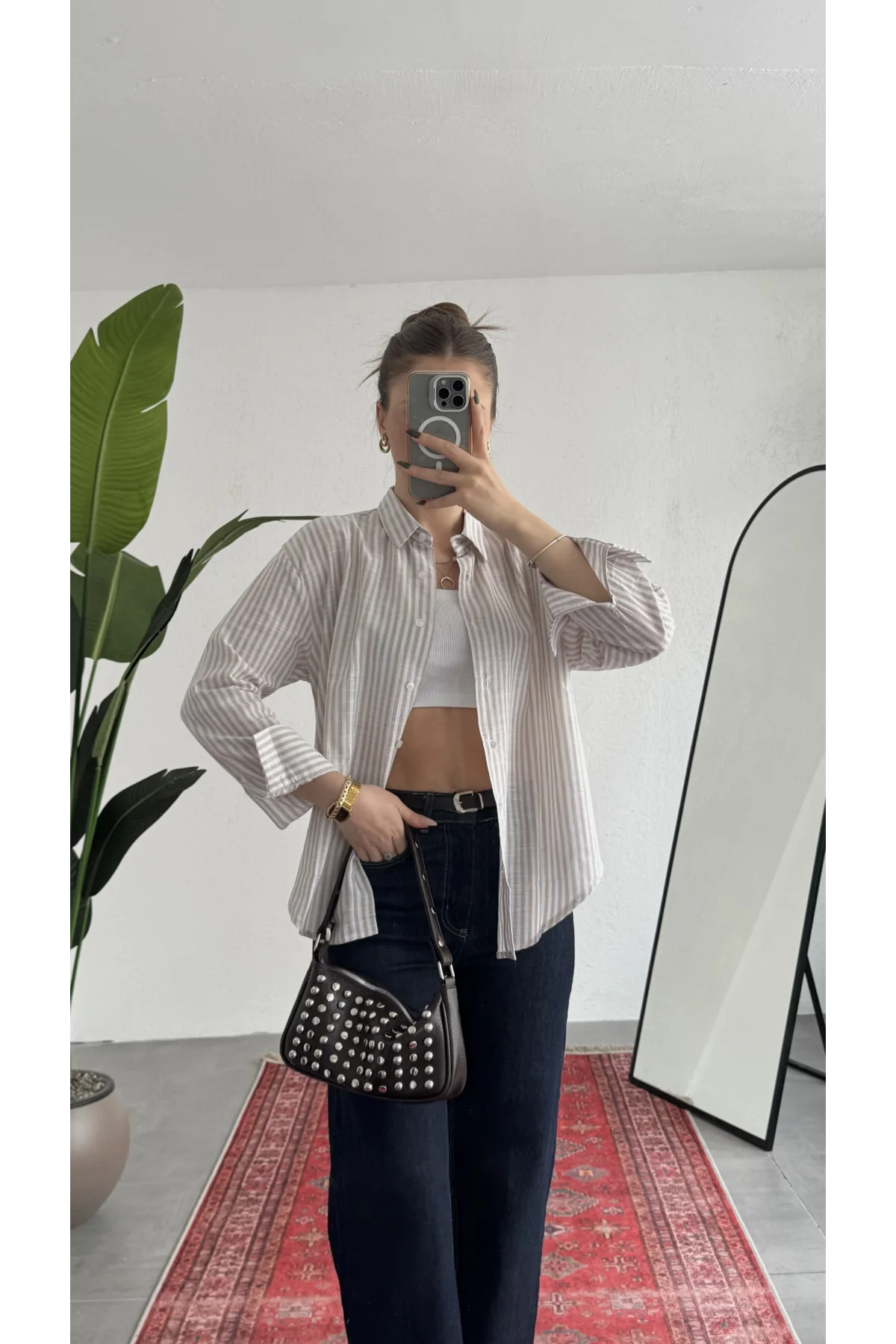 Kadın İnce Somon Çizgili Oversize Bel Hızası Salaş Kesim Uzun Kollu Ofis Gömlek