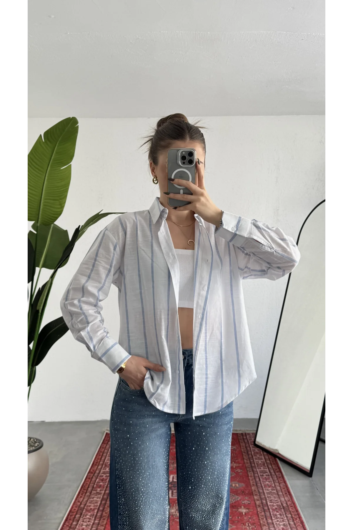 Kadın Kalın Mavi Çizgili Oversize Bel Hızası Salaş Kesim Uzun Kollu Ofis Gömlek