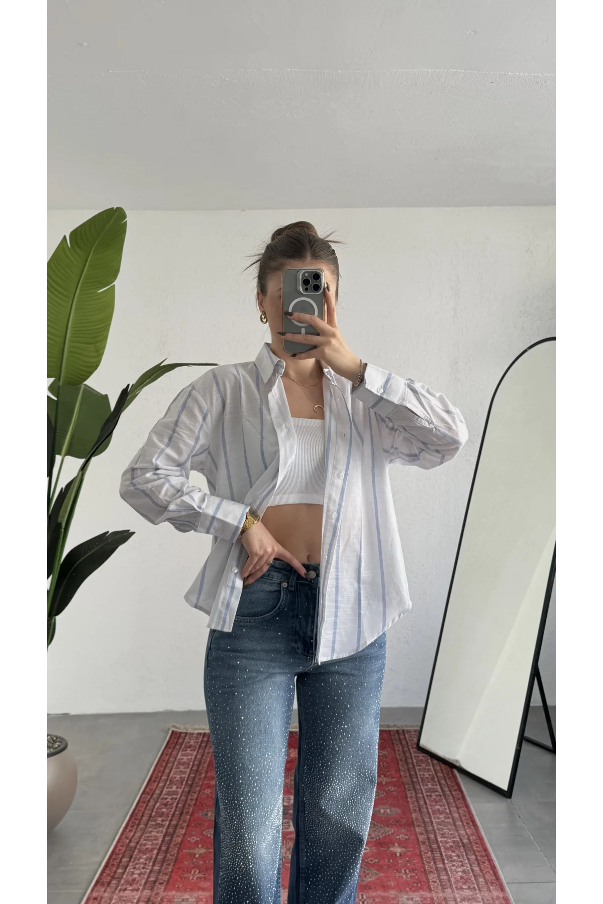 Kadın Kalın Mavi Çizgili Oversize Bel Hızası Salaş Kesim Uzun Kollu Ofis Gömlek