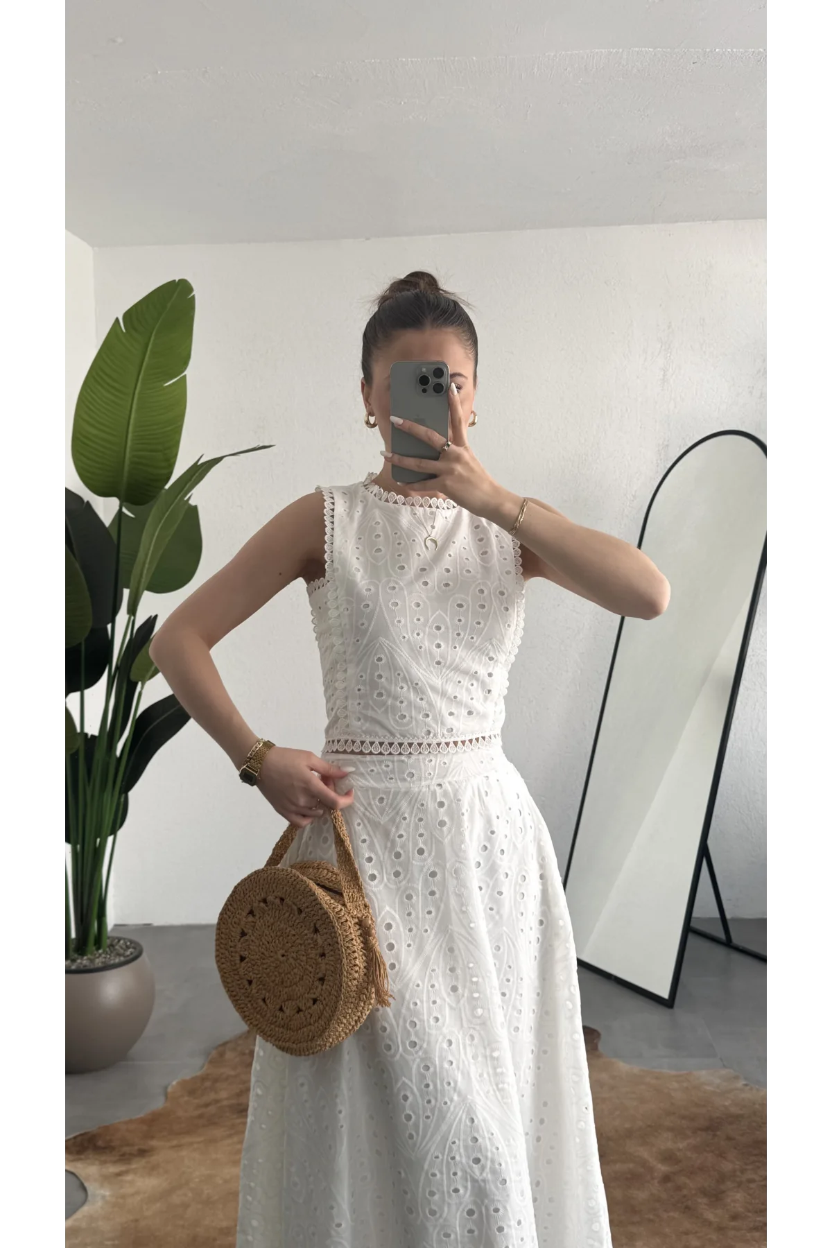 Kadın Beyaz Fisto İşlemeli Dantelli Astarlı Crop Bluz & Midi Etek Takım Yazlık Şık Kadın 2’li Set