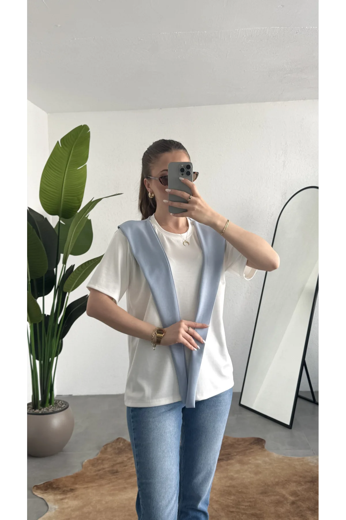 Kadın Beyaz Şal Detaylı Oversize Basic Kadın Tişört Bluz Mavi Bağlamalı Casual Model