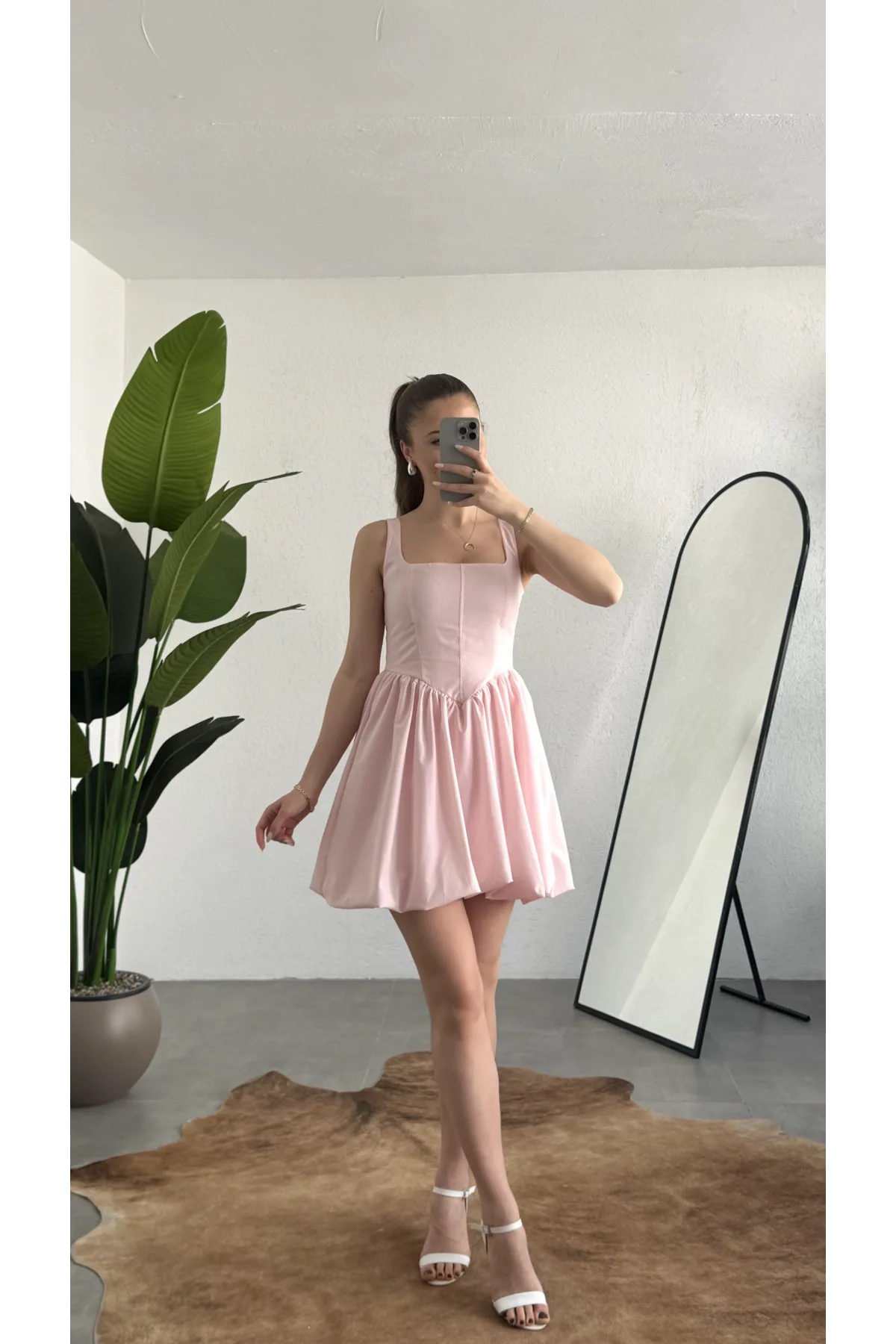 Kadın Pembe Kare Yaka Korse Formlu Balon Etek Mini Elbise Şık Davet Mezuniyet Elbisesi
