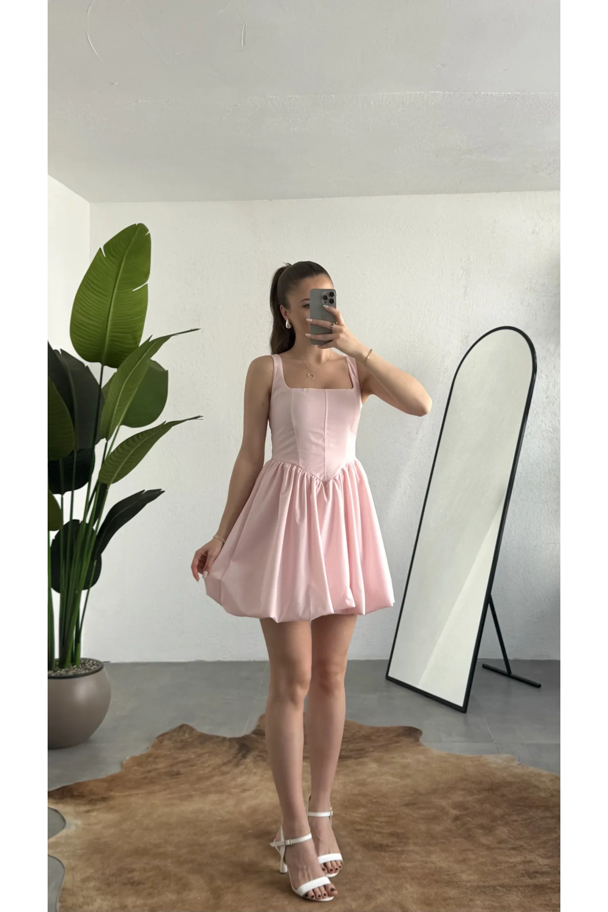 Kadın Pembe Kare Yaka Korse Formlu Balon Etek Mini Elbise Şık Davet Mezuniyet Elbisesi