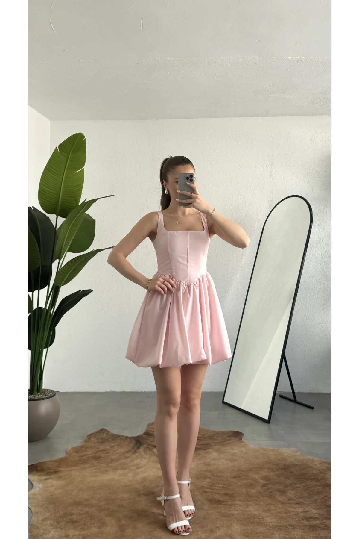 Kadın Pembe Kare Yaka Korse Formlu Balon Etek Mini Elbise Şık Davet Mezuniyet Elbisesi