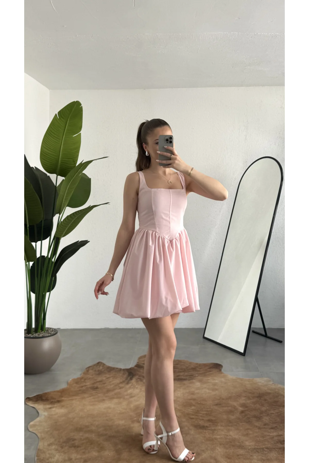 Kadın Pembe Kare Yaka Korse Formlu Balon Etek Mini Elbise Şık Davet Mezuniyet Elbisesi