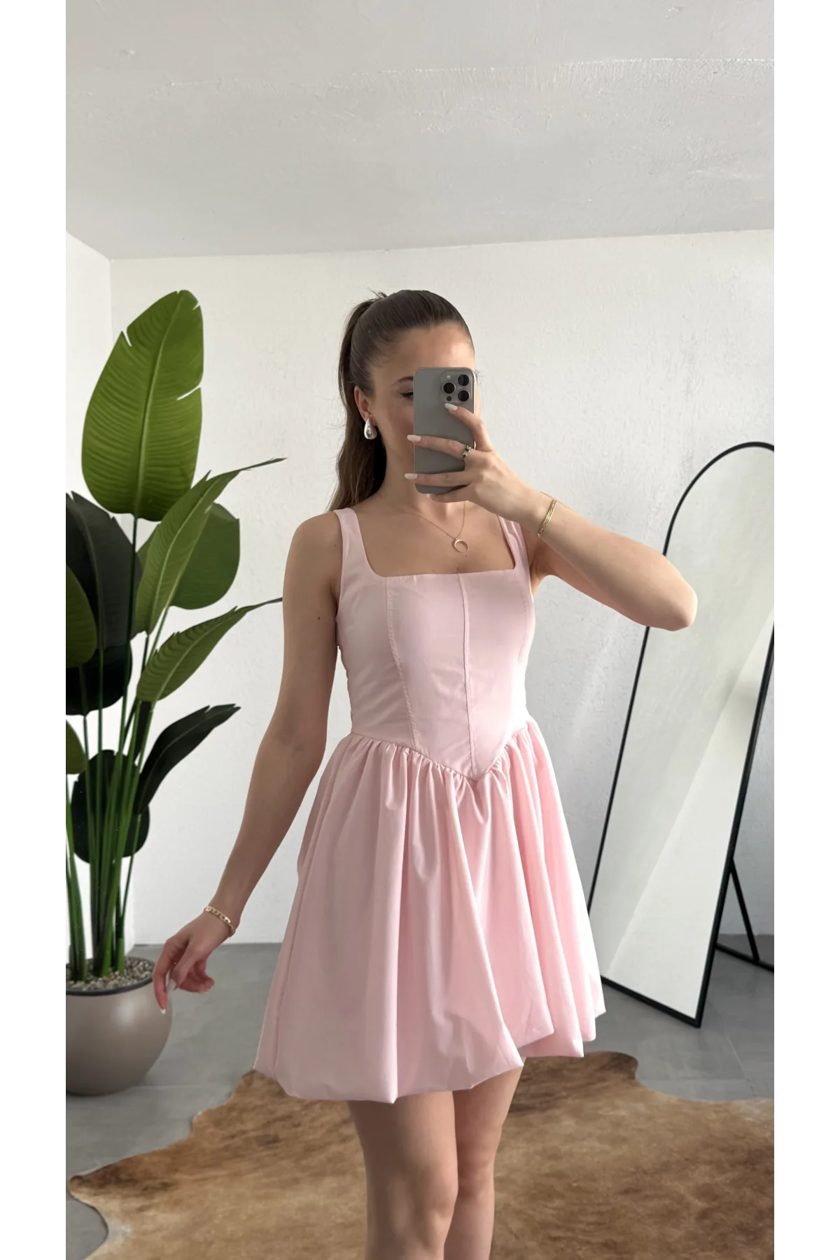 Kadın Pembe Kare Yaka Korse Formlu Balon Etek Mini Elbise Şık Davet Mezuniyet Elbisesi