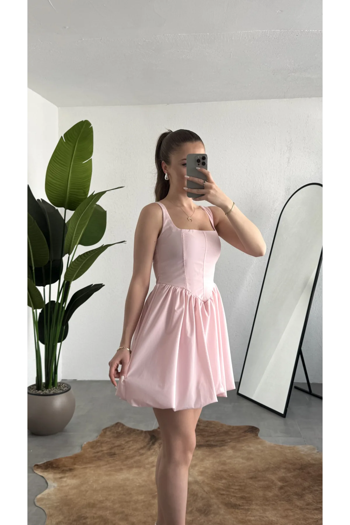 Kadın Pembe Kare Yaka Korse Formlu Balon Etek Mini Elbise Şık Davet Mezuniyet Elbisesi