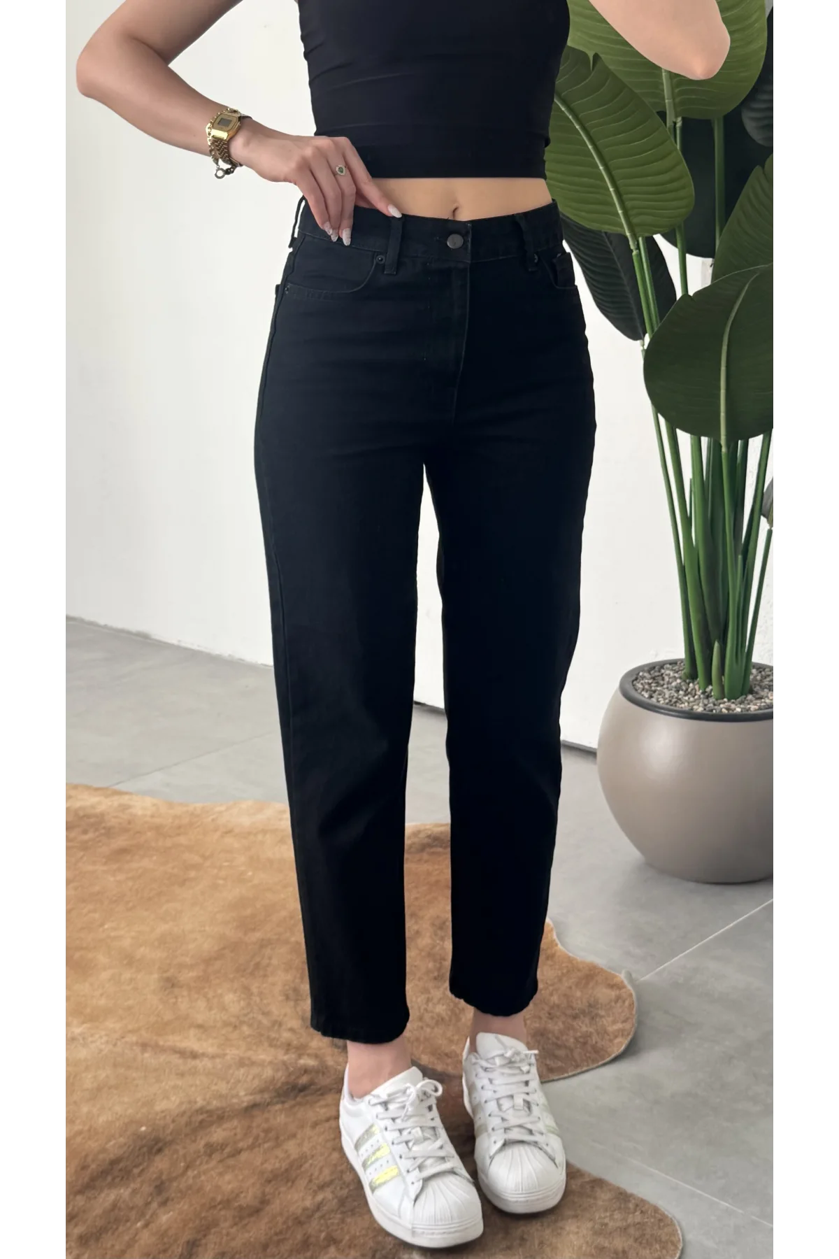 Kadın Siyah Yüksek Bel Mom Jean Pantolon Rahat Kalıp Günlük Denim