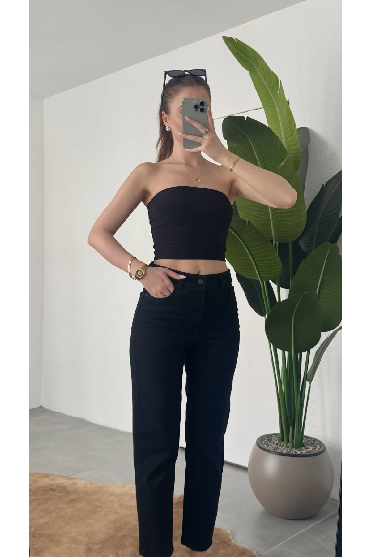 Kadın Siyah Yüksek Bel Mom Jean Pantolon Rahat Kalıp Günlük Denim