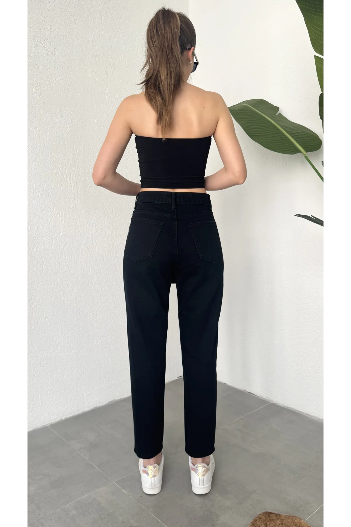 Kadın Siyah Yüksek Bel Mom Jean Pantolon Rahat Kalıp Günlük Denim