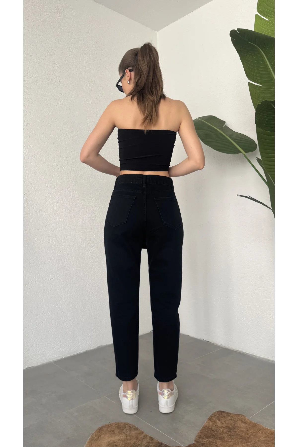 Kadın Siyah Yüksek Bel Mom Jean Pantolon Rahat Kalıp Günlük Denim