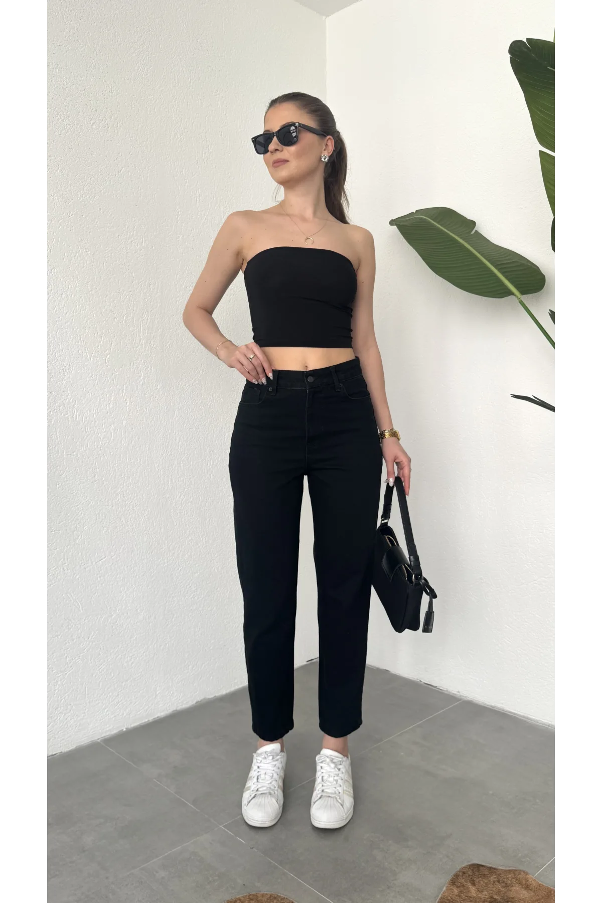 Kadın Siyah Yüksek Bel Mom Jean Pantolon Rahat Kalıp Günlük Denim