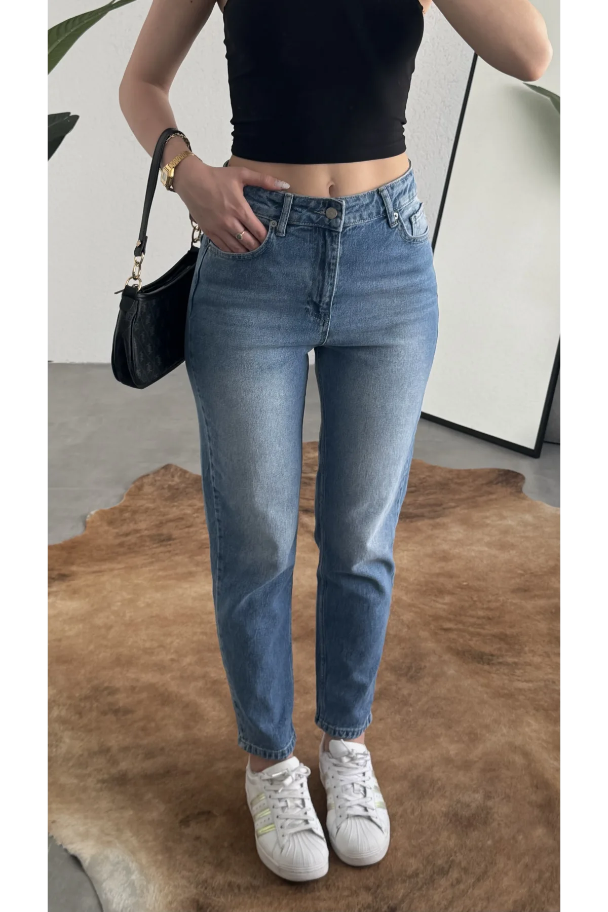 Kadın Açık Mavi Yüksek Bel Mom Jean Pantolon Rahat Kalıp Günlük Denim
